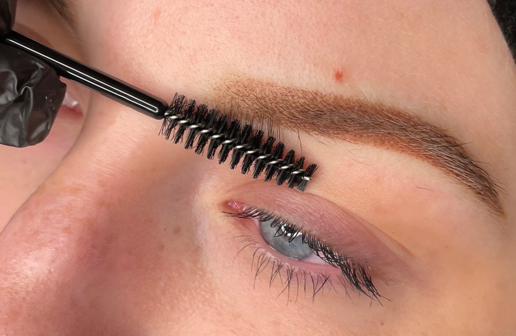 Macro of a healed ombré powder brow with a spoolie mid-grooming — soft powder gradient, light skin, real client